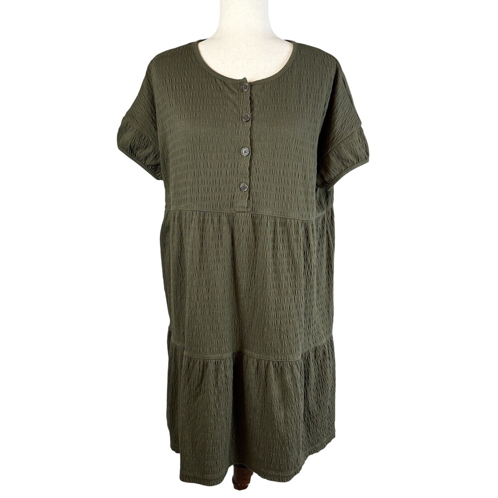 Madewell Oversized Tiered Mini Dress Size S Green Crinkle Knit Cotton Blend